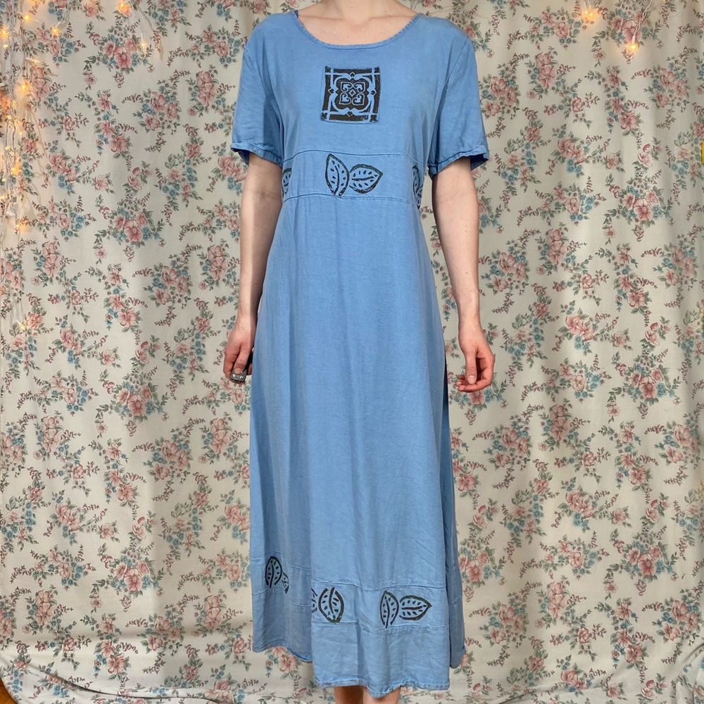 90s block printed blue dress by froxx leaf print large